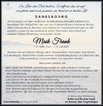 Traueranzeige von Maik Frank von Südthüringer Presse