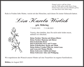 Traueranzeige von Lisa Karola Werlich von Südthüringer Presse