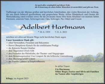 Traueranzeige von Adelbert Hartmann von Südthüringer Presse