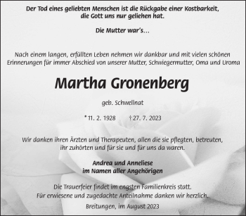 Traueranzeige von Martha Gronenberg von Südthüringer Presse