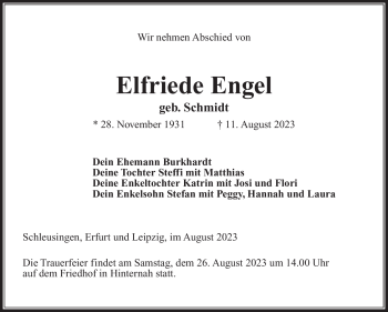 Traueranzeige von Elfriede Engel von Südthüringer Presse