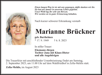 Traueranzeige von Marianne Brückner von Südthüringer Presse