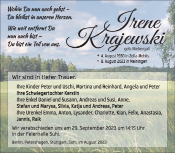 Traueranzeige von Irene Krajewski von Südthüringer Presse