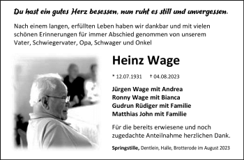 Traueranzeige von Heinz Wage von Südthüringer Presse