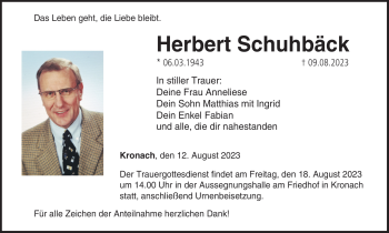 Traueranzeige von Herbert Schuhbäck von Neue Presse Coburg
