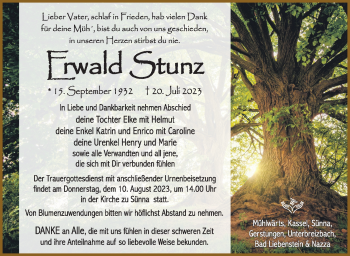 Traueranzeige von Erwald Stunz von Südthüringer Presse