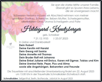 Traueranzeige von Hildegard Kreutzberger von Südthüringer Presse