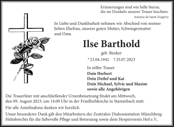Traueranzeige von Ilse Barthold von Frankenpost