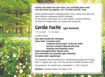 Traueranzeige von Gerda Fuchs von Südthüringer Presse