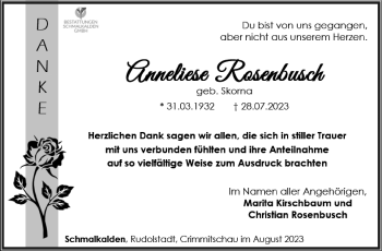 Traueranzeige von Anneliese Rosenbuch von Südthüringer Presse