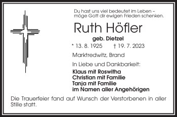 Traueranzeige von Ruth Höfler von Frankenpost