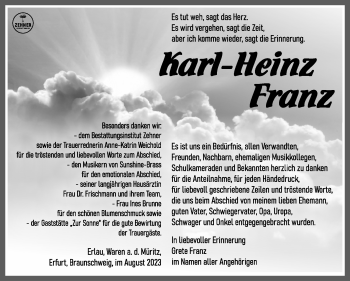 Traueranzeige von Karl-Heinz Franz von Südthüringer Presse