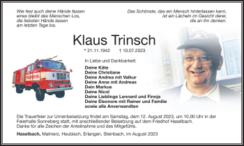 Traueranzeige von Klaus Trinsch von Südthüringer Presse