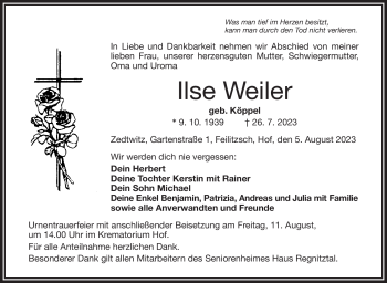 Traueranzeige von Ilse Weiler von Frankenpost