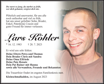 Traueranzeige von Lars Köhler von Südthüringer Presse