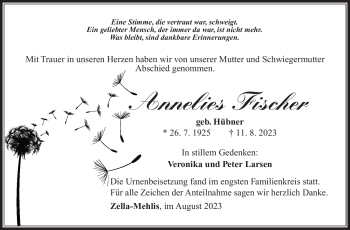 Traueranzeige von Annelies Fischer von Südthüringer Presse