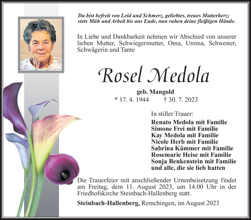  Traueranzeige für Rosel Medola vom 05.08.2023 aus Südthüringer Presse
