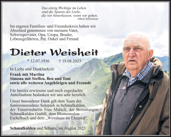 Traueranzeige von Dieter Weisheit von Südthüringer Presse