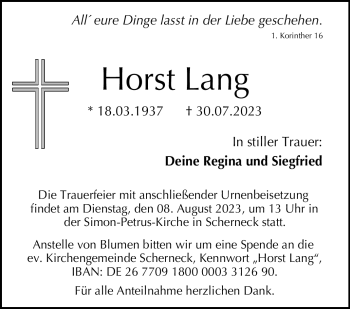 Traueranzeige von Horst Lang von Neue Presse Coburg