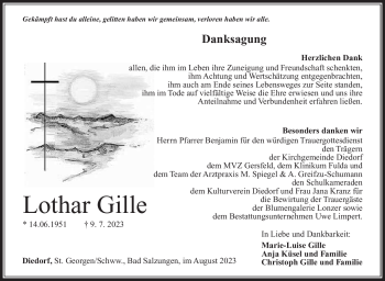 Traueranzeige von Lothar Gille von Südthüringer Presse