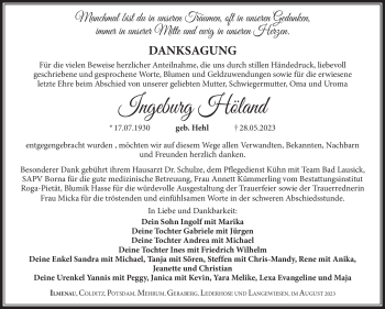 Traueranzeige von Ingeburg Höland von Südthüringer Presse