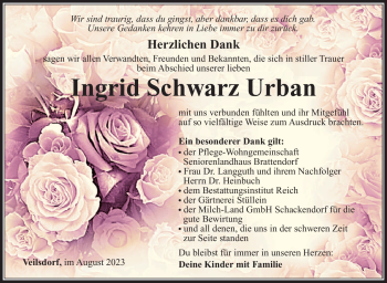 Traueranzeige von Ingrid Schwarz Urban von Südthüringer Presse