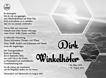 Traueranzeige von Dirk Winkelhöfer von Südthüringer Presse
