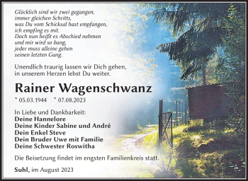 Traueranzeige von Rainer Wagenschwanz von Südthüringer Presse