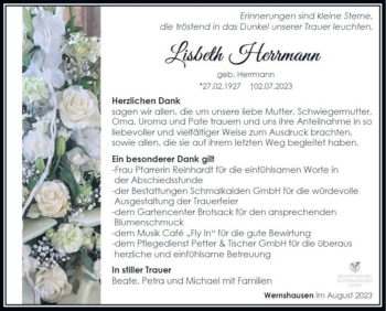 Traueranzeige von Lisbeth Herrmann von Südthüringer Presse
