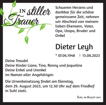 Traueranzeige von Dieter Leyh von Südthüringer Presse