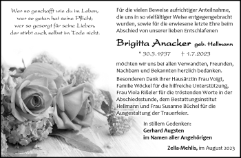 Traueranzeige von Brigitta Anacker von Südthüringer Presse