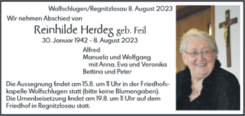 Traueranzeige von Reinhilde Herdeg von Frankenpost