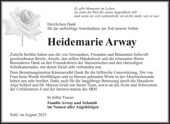 Traueranzeige von Heidemarie Arway von Südthüringer Presse