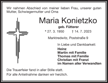 Traueranzeige von Maria Konietzko von Frankenpost