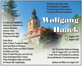 Traueranzeige von Wolfgang Haack von Südthüringer Presse