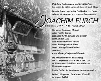 Traueranzeige von Joachim Furch von Südthüringer Presse
