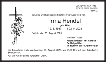 Traueranzeige von Irma Hendel von Frankenpost