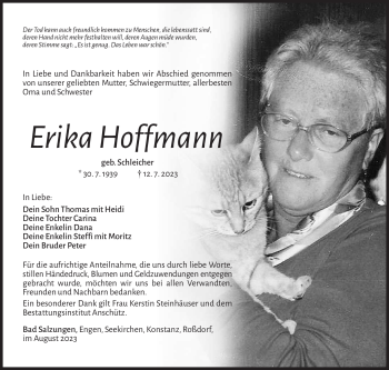 Traueranzeige von Erika Hoffmann von Südthüringer Presse