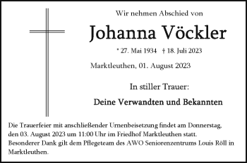 Traueranzeige von Johanna Vöckler von Frankenpost