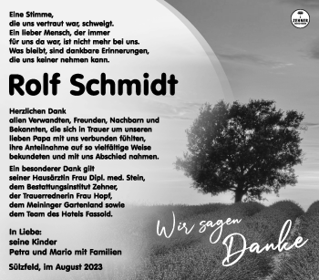 Traueranzeige von Rolf Schmidt von Südthüringer Presse