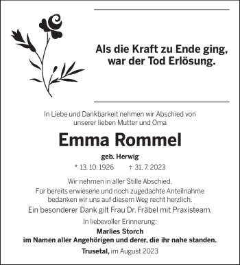 Traueranzeige von Emma Rommel von Südthüringer Presse