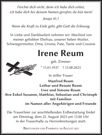 Traueranzeige von Irene Reum von Südthüringer Presse