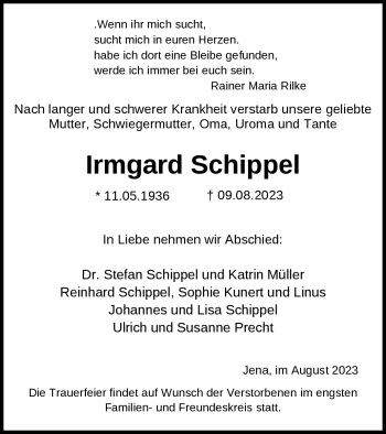 Traueranzeige von Irmgard Schippel von Südthüringer Presse