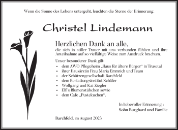 Traueranzeige von Christel Lindemann von Südthüringer Presse
