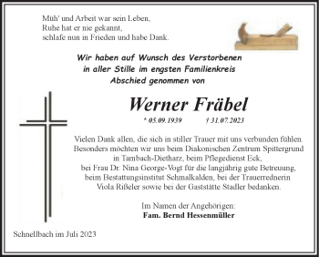 Traueranzeige von Werner Fräbel von Südthüringer Presse