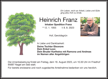 Traueranzeige von Heinrich Franz von Frankenpost