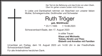Traueranzeige von Ruth Tröger von Frankenpost