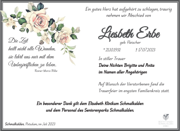 Traueranzeige von Liesbeth Erbe von Südthüringer Presse