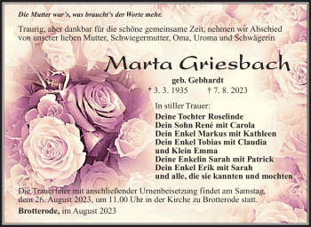 Traueranzeige von Marta Griesbach von Südthüringer Presse