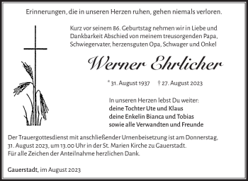 Traueranzeige von Werner Ehrlicher von Südthüringer Presse